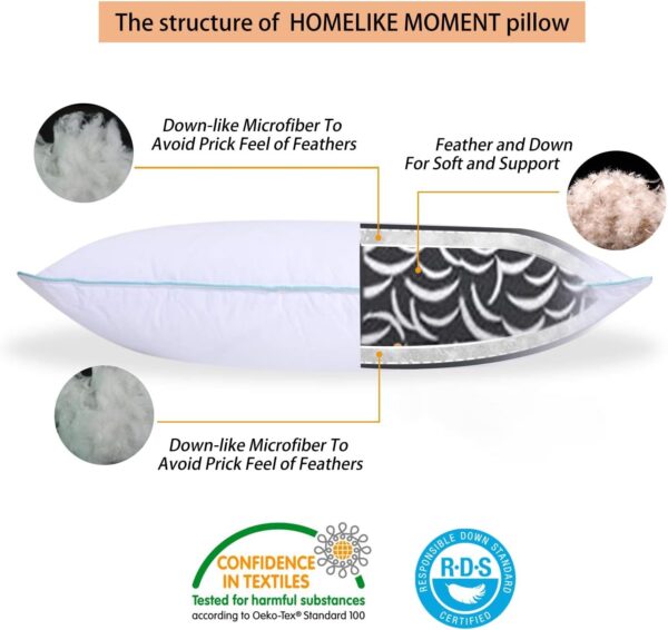 Homelike Moment Down Feather Pillows Standard - 2 Pack Feather Bed Pillows for Sleeping Standard Size Pillow Set of 2 100% Cotton Cover